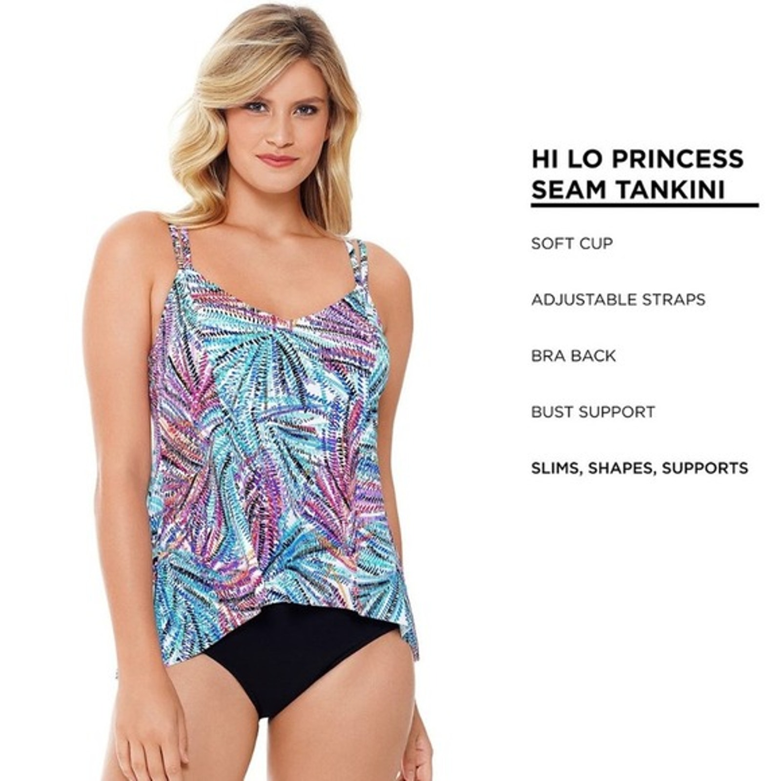 Swim Solutions Tankini Top Women's Size 10 Multi Hi Low Bust Support Swimwear